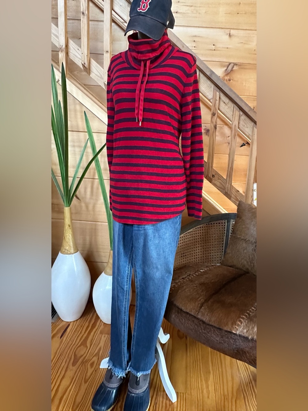 Chaps Red and Black Striped Hooded Pullover